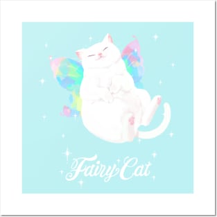 Happy Fairy White Cat (with white text) Posters and Art